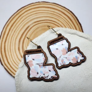 Louisiana State Wood Earrings | Sapele Wood & Acrylic Fall Floral Inlay | Handmade State Shape Earrings | Southern Fall Fashion