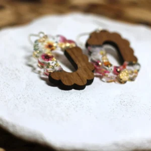 Floral Spring Gold Flake Acrylic Earrings with Cherry Wood Accents